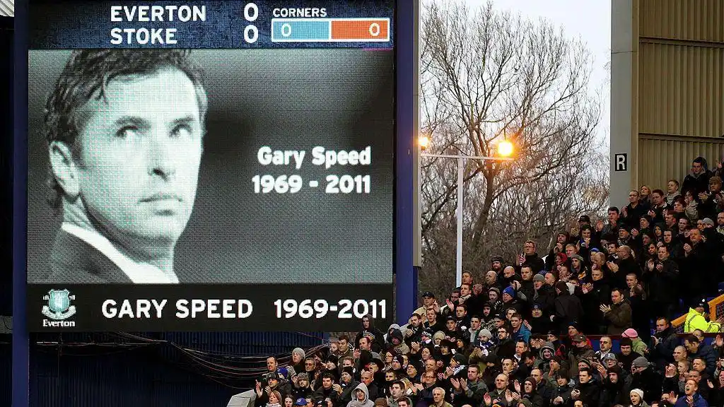 Fans at Goodison Park paying tribute to former Everton midfielder Gary Speed after he took his own life in 2011