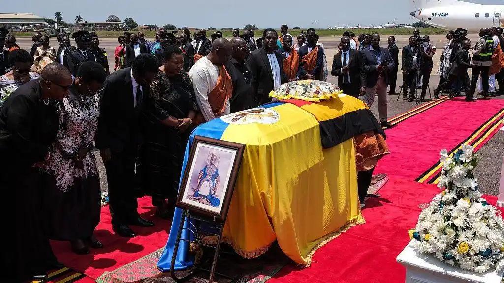 Uganda government officials pay their respects to the Late King Oyo Nyimba Kabamba Iguru Rukidi IV at Entebbe International Airport on 4 September, 2026 in Entebbe, Uganda