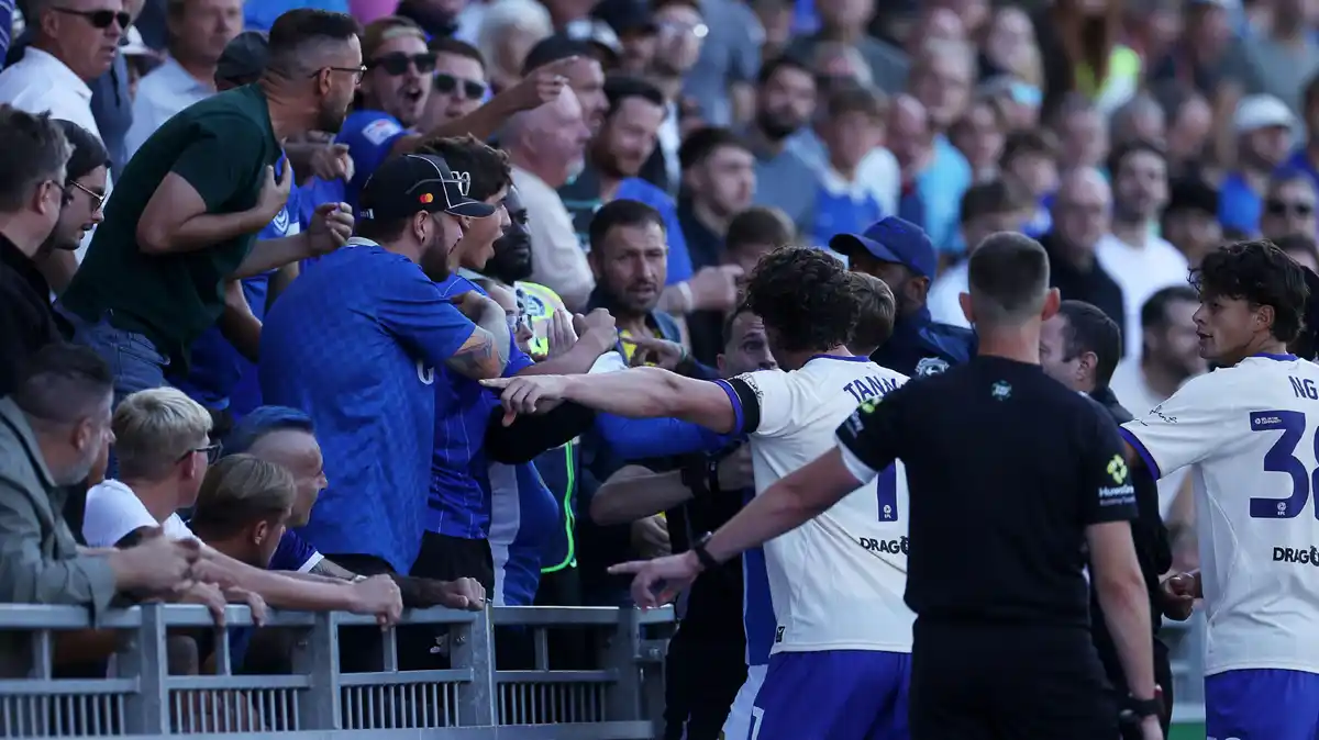 Cardiff fans get into an argument with Portsmouth fans and officials