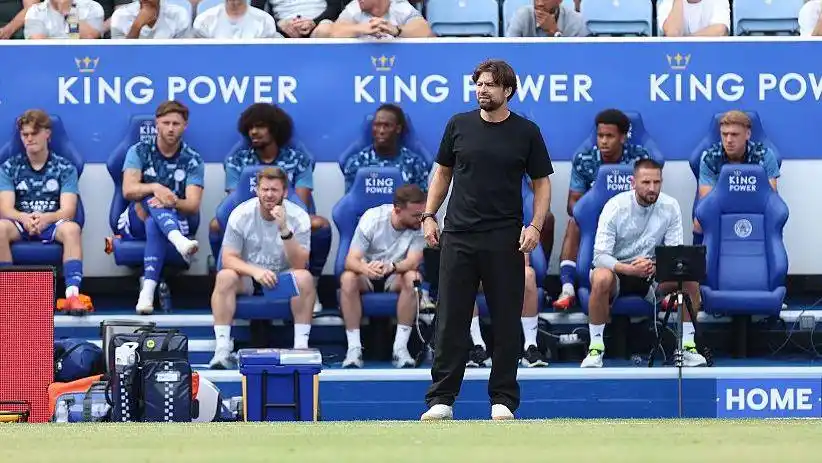 Leicester City manager Russell Martin looks on during the Carabao Cup first round match between Leicester City and Northampton Town at The King Power Stadium on August 08, 2026 in Leicester, England.