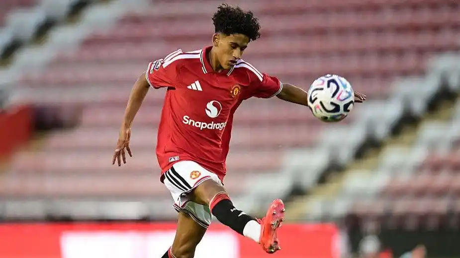 Manchester United forward JJ Gabriel with his memorable scooped finish against Ipswich at Leigh Sports Village