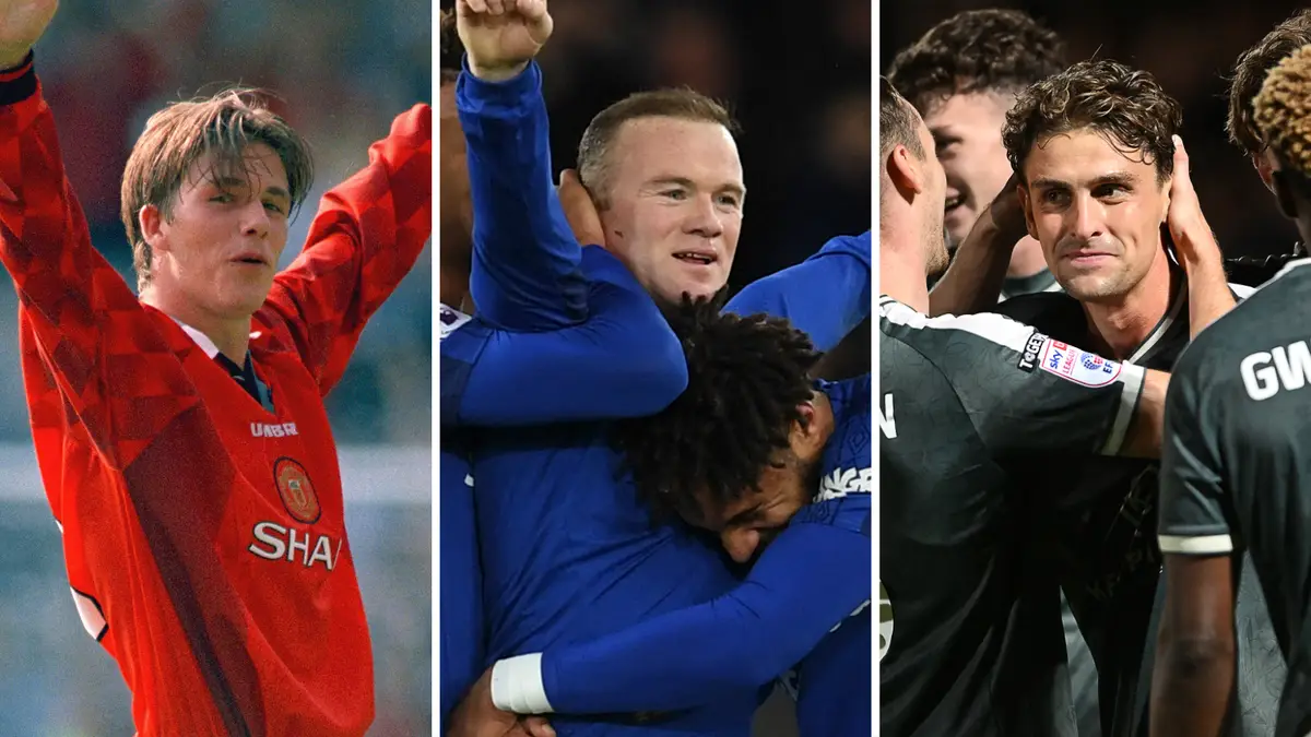 David Beckham, Wayne Rooney and Harrison Biggins celebrate their spectacular strikes
